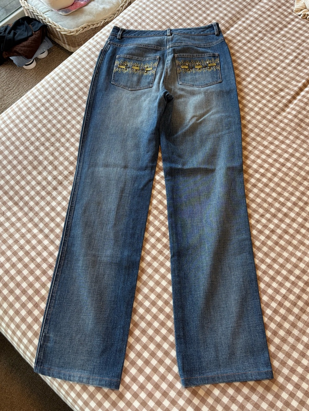 St. John Dark Blue Wide Leg Jeans with Embroidered Back Pockets Luxury Designer